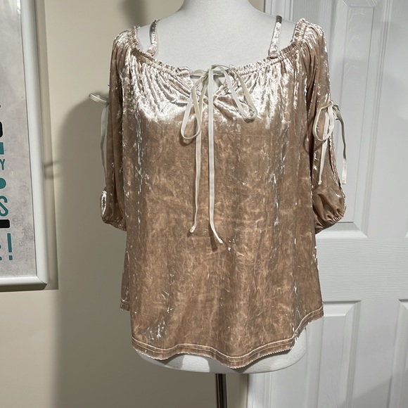 NWT hem & thread tan crushed velvet off-shoulder top. Romantic with bows. - Picture 2 of 12